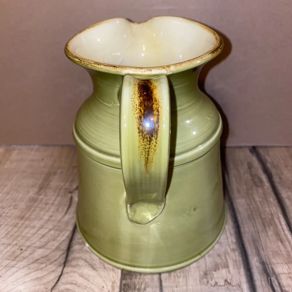 Made in Italy For Crate & Barrel Milk Jug Pitcher Green Yellow Glazed 32 Oz 6.5”